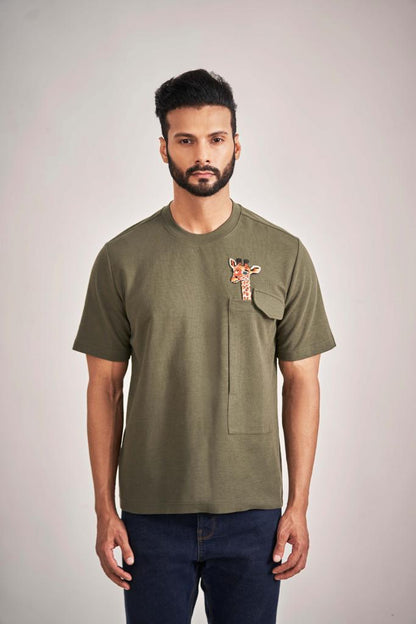 Olive Green Giraffe T-shirt embroidered