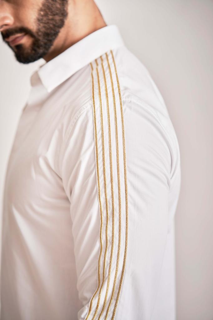 White Shirt with Gold Embroidered Stripes Slim Fit