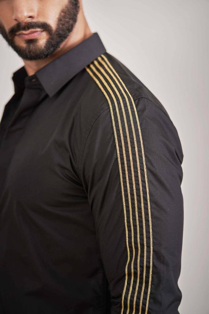 Black Shirt with Gold Embroidered Stripes Slim Fit