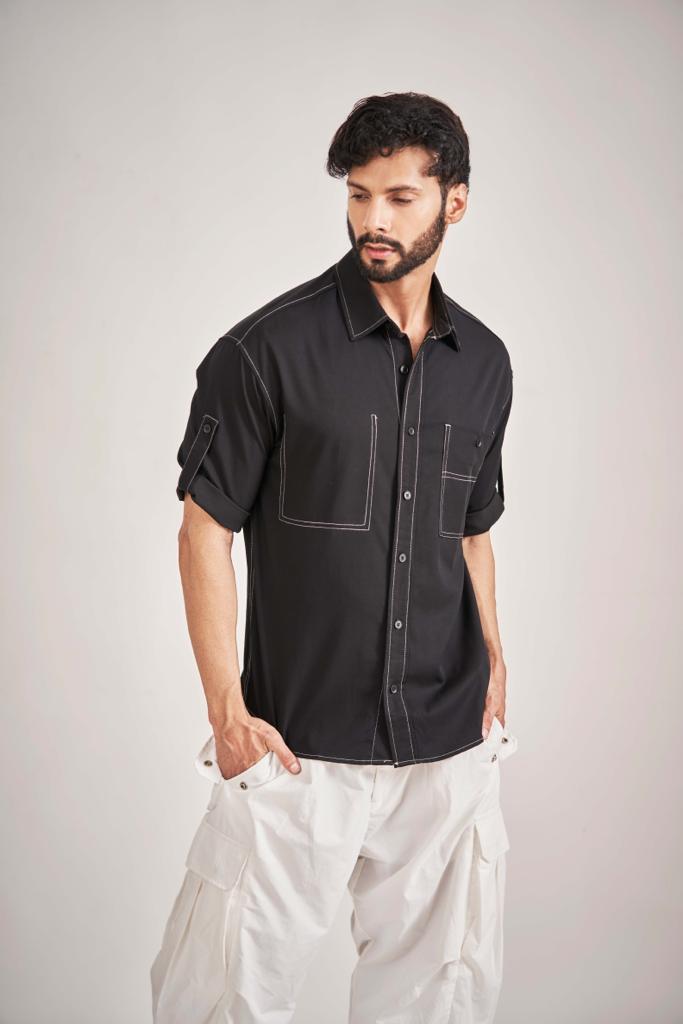 Classic Smooth Black Shirt With White Stitch