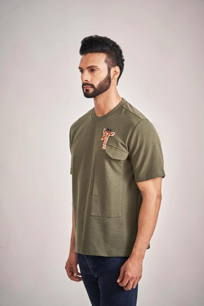 Olive Green Giraffe T-shirt embroidered