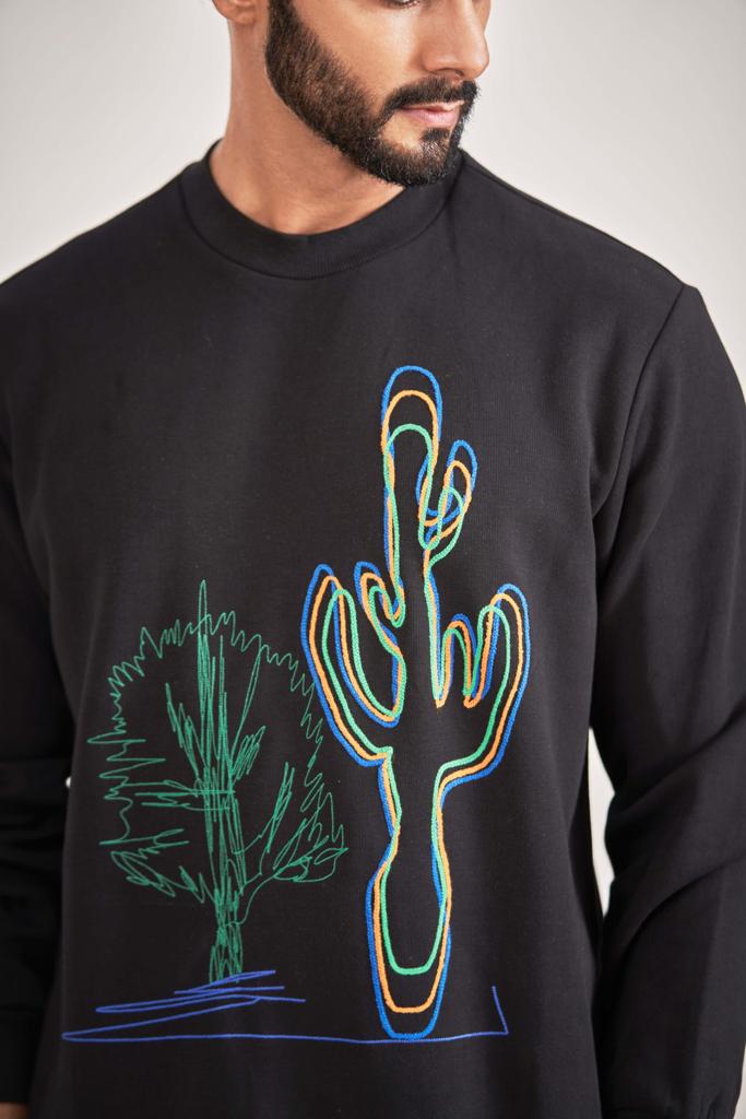 Black Sweatshirt with Embroidered Cactus