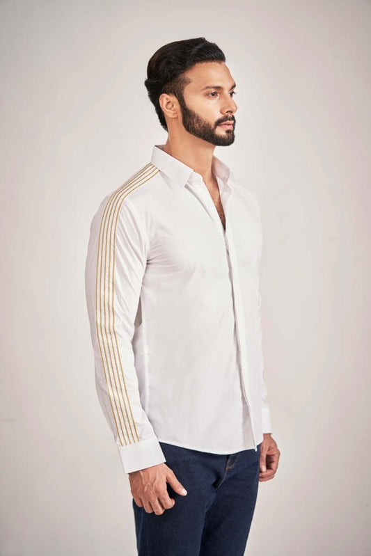 White Shirt with Gold Embroidered Stripes Slim Fit