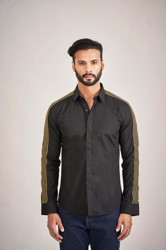 Black Shirt with Gold Embroidered Stripes Slim Fit