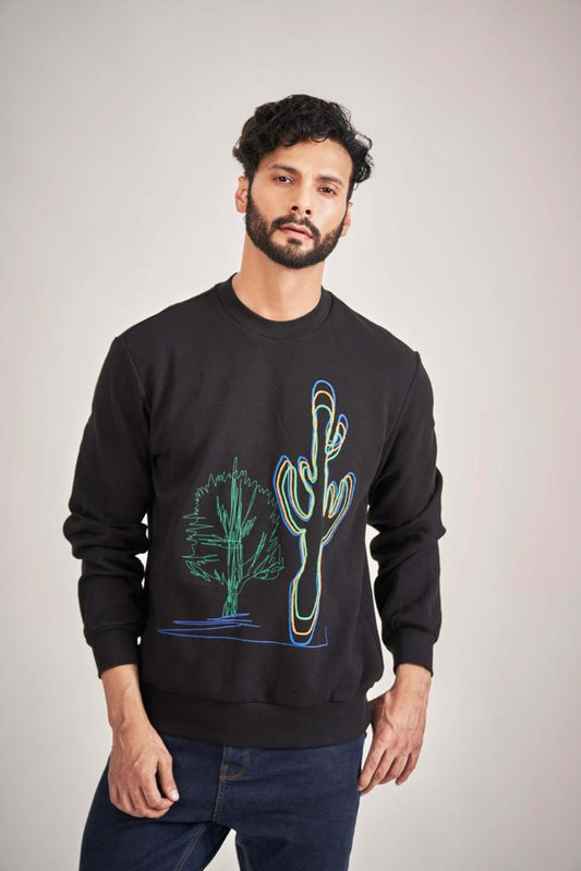 Black Sweatshirt with Embroidered Cactus