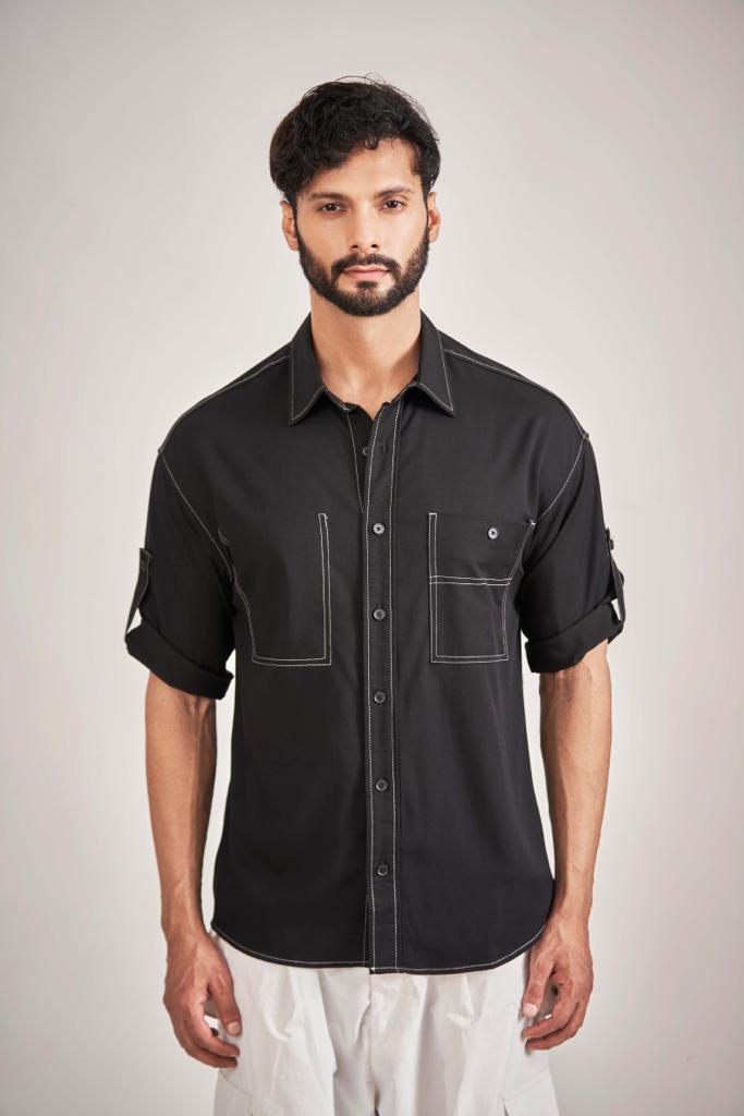 Classic Smooth Black Shirt With White Stitch