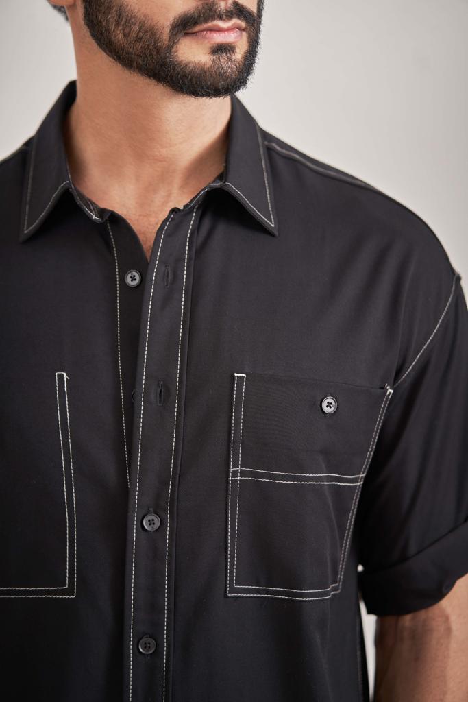 Classic Smooth Black Shirt With White Stitch