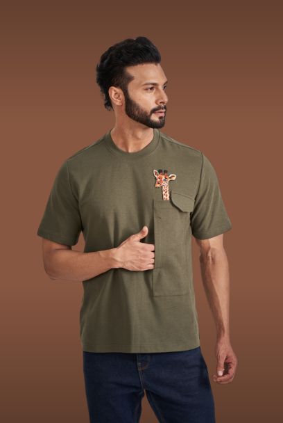 Olive Green Giraffe T-shirt embroidered