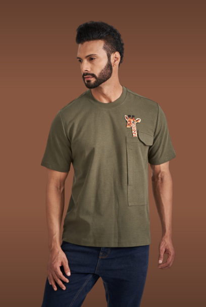 Olive Green Giraffe T-shirt embroidered