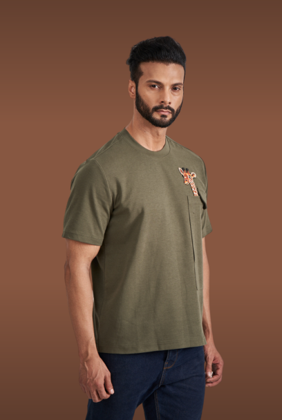 Olive Green Giraffe T-shirt embroidered