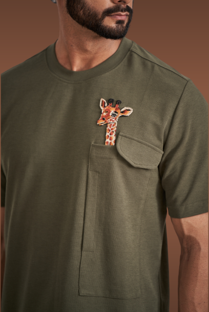 Olive Green Giraffe T-shirt embroidered